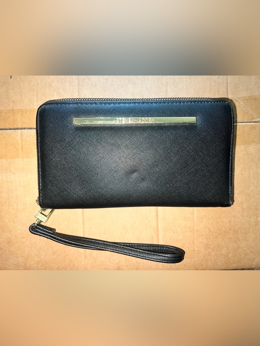 Steve Madden Black Wristlet Clutch with Gold Logo Bar